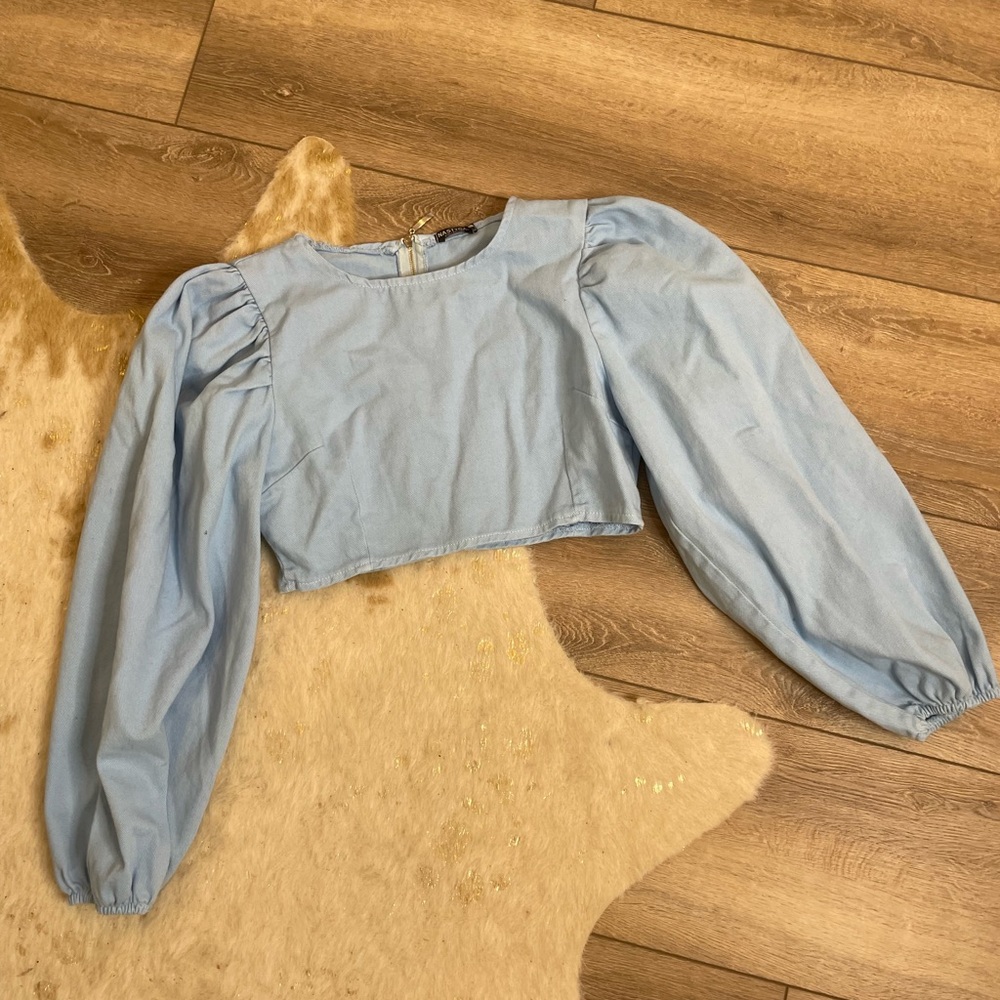 Nasty Gal denim blue puff sleeve crop top